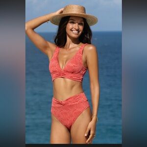 Cupshe Abstract Leafs Ruched Bralette & Twisted High Waist Bikini Set